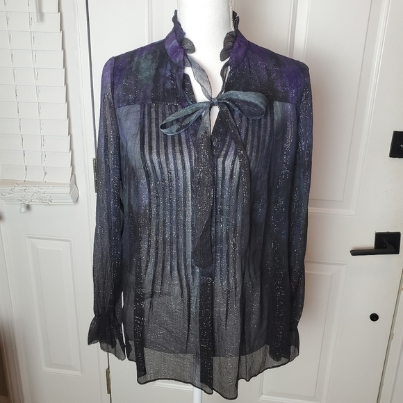 Elie Tahari Silk Blouse Womens Small Black Purple Sheer Metallic Neck Tie Ruffle - Picture 1 of 14